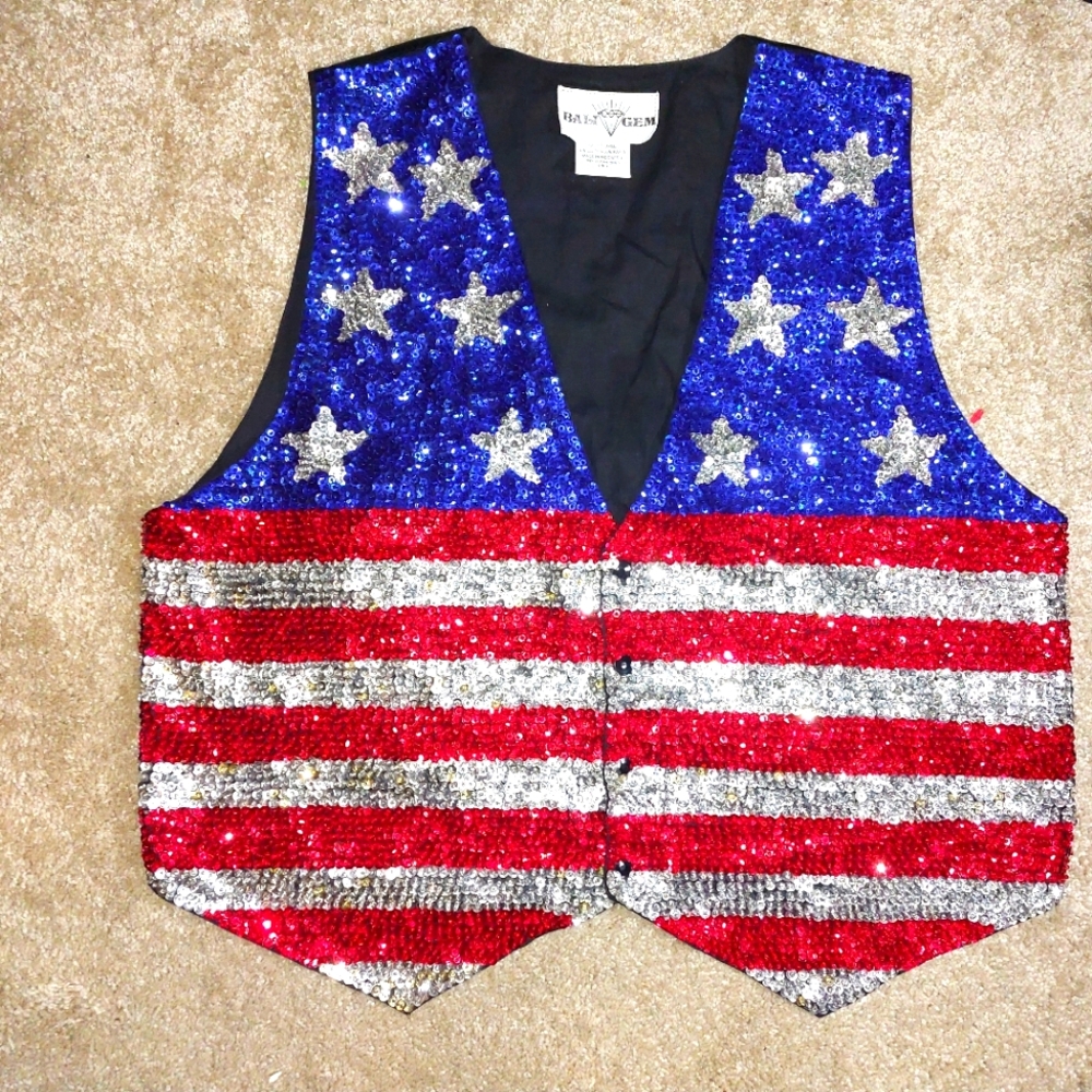 Vintage Bali Chic Sequined American Flag Vest Red, White And Blue Patriotic 